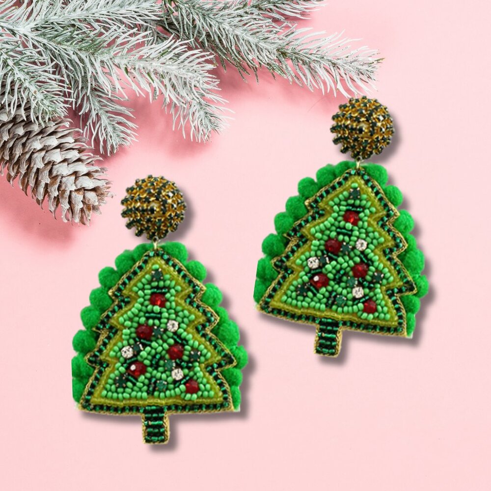 Fuzzy Pom-Pom Seed Beaded Festive Christmas Tree Earrings